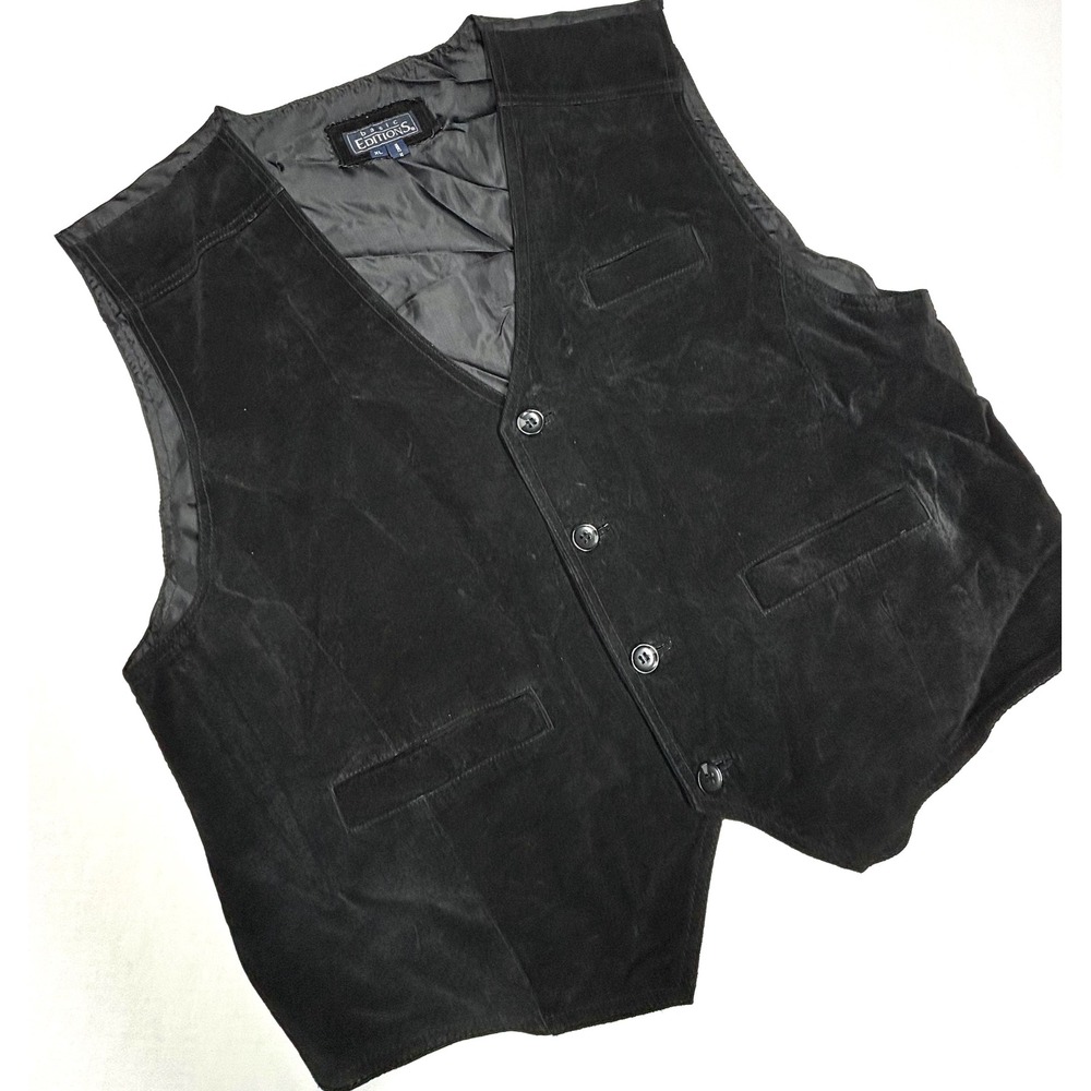 VTG Basic Editions Mens XL‎ Black Genuine Suede Leather Vest Button Goth Y2K 90s